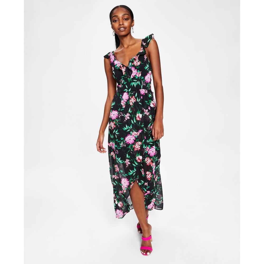 GUESS Ruffled High-Low Sleeveless Maxi Dress Black Pink Floral Size 10 - Picture 1 of 14